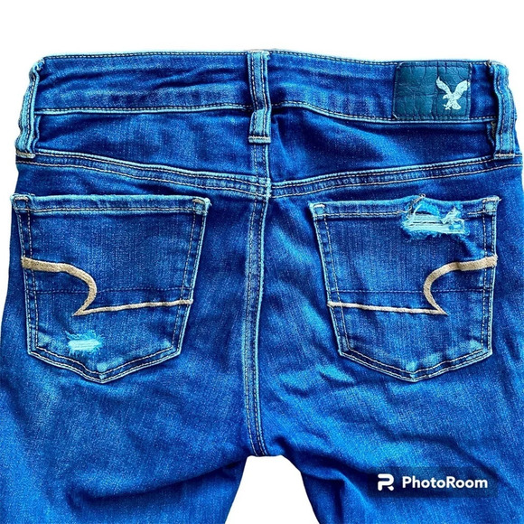 AMERICAN Eagle Dark Wash Jegging Crop Skinny Distressed  Ripped Jeans Size 0 - Picture 6 of 10